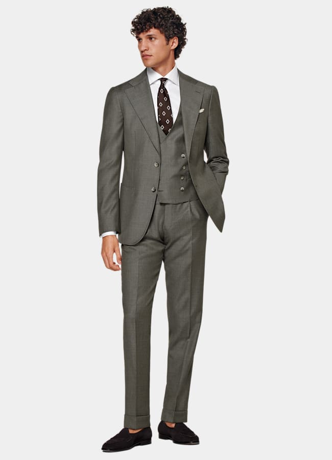 SUITSUPPLY All Season Pure S110's Wool by Vitale Barberis Canonico, Italy Dark Green Perennial Three-Piece Tailored Fit Havana Suit