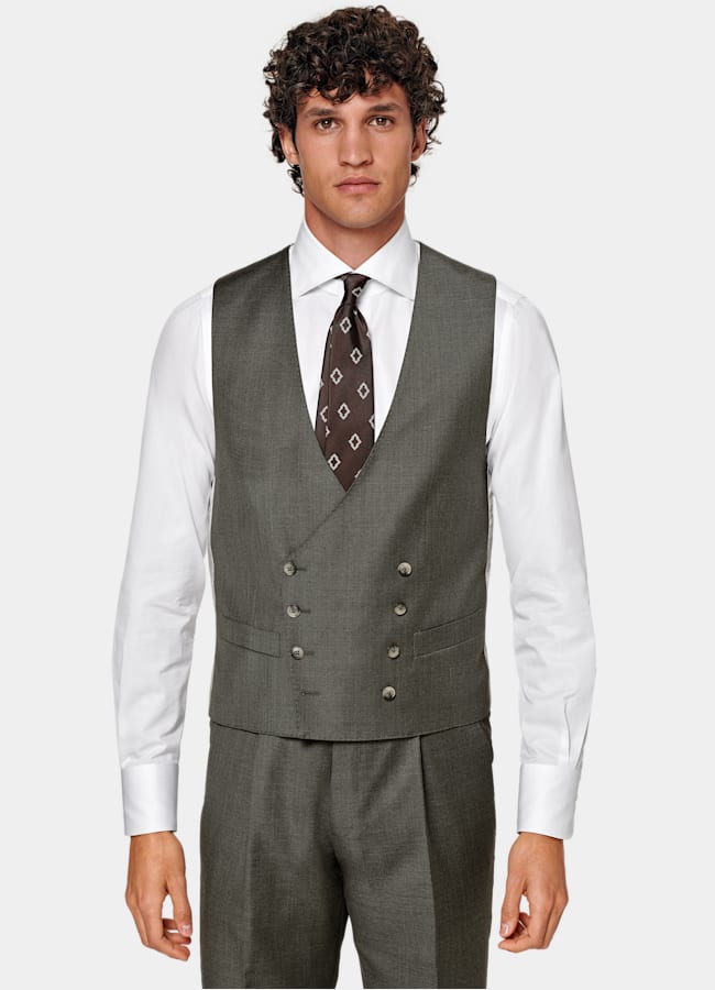 SUITSUPPLY All Season Pure S110's Wool by Vitale Barberis Canonico, Italy Dark Green Perennial Three-Piece Tailored Fit Havana Suit