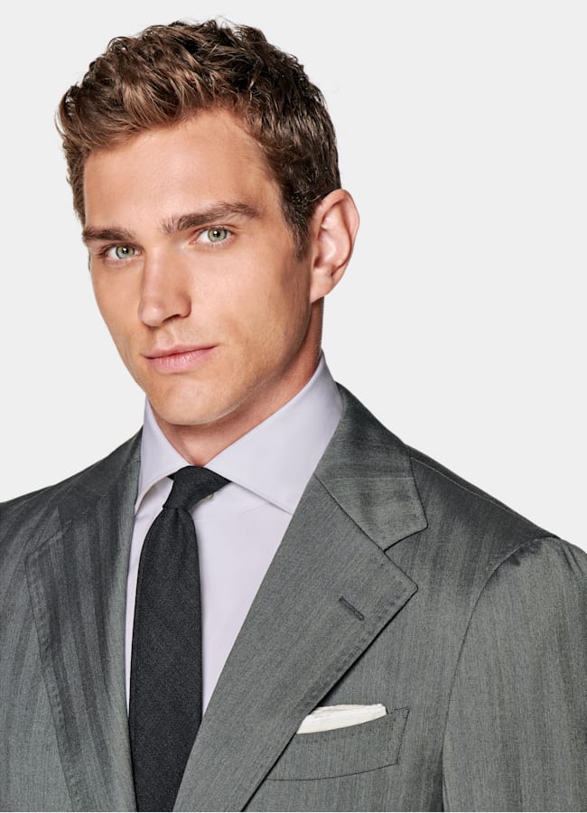 SUITSUPPLY All Season Pure S130's Wool by Drago, Italy Mid Grey Herringbone Perennial Tailored Fit Havana Suit