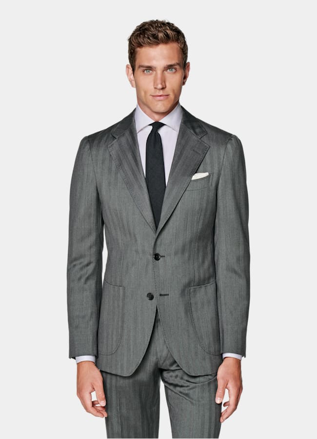 SUITSUPPLY All Season Pure S130's Wool by Drago, Italy Mid Grey Herringbone Perennial Tailored Fit Havana Suit
