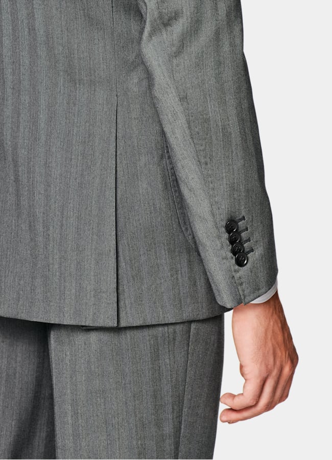 SUITSUPPLY All Season Pure S130's Wool by Drago, Italy Mid Grey Herringbone Perennial Tailored Fit Havana Suit
