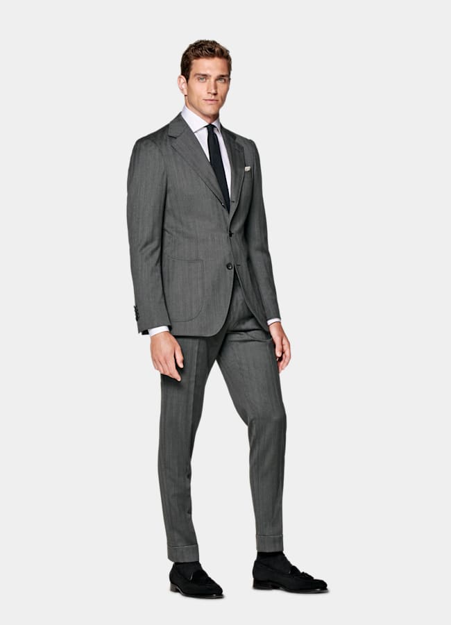 SUITSUPPLY All Season Pure S130's Wool by Drago, Italy Mid Grey Herringbone Perennial Tailored Fit Havana Suit