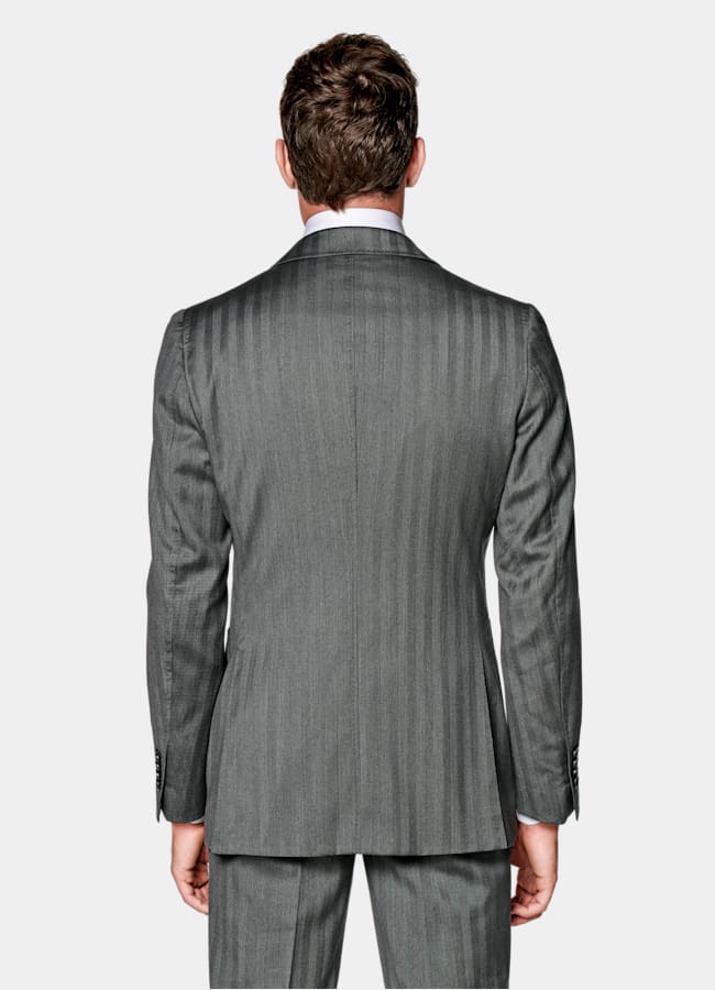 SUITSUPPLY All Season Pure S130's Wool by Drago, Italy Mid Grey Herringbone Perennial Tailored Fit Havana Suit