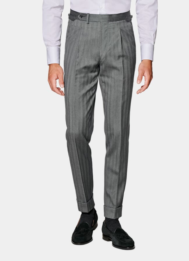 SUITSUPPLY All Season Pure S130's Wool by Drago, Italy Mid Grey Herringbone Perennial Tailored Fit Havana Suit