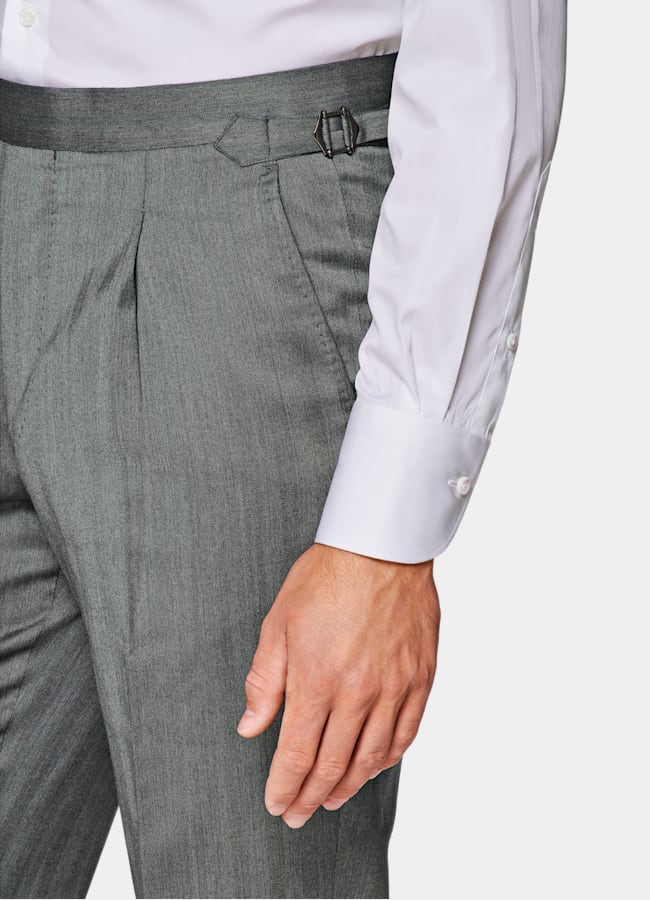 SUITSUPPLY All Season Pure S130's Wool by Drago, Italy Mid Grey Herringbone Perennial Tailored Fit Havana Suit