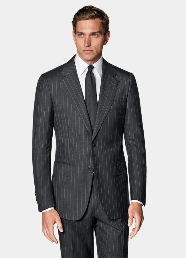 SUITSUPPLY All Season Pure S130's Wool by Delfino, Italy Dark Grey Striped Tailored Fit Milano Suit