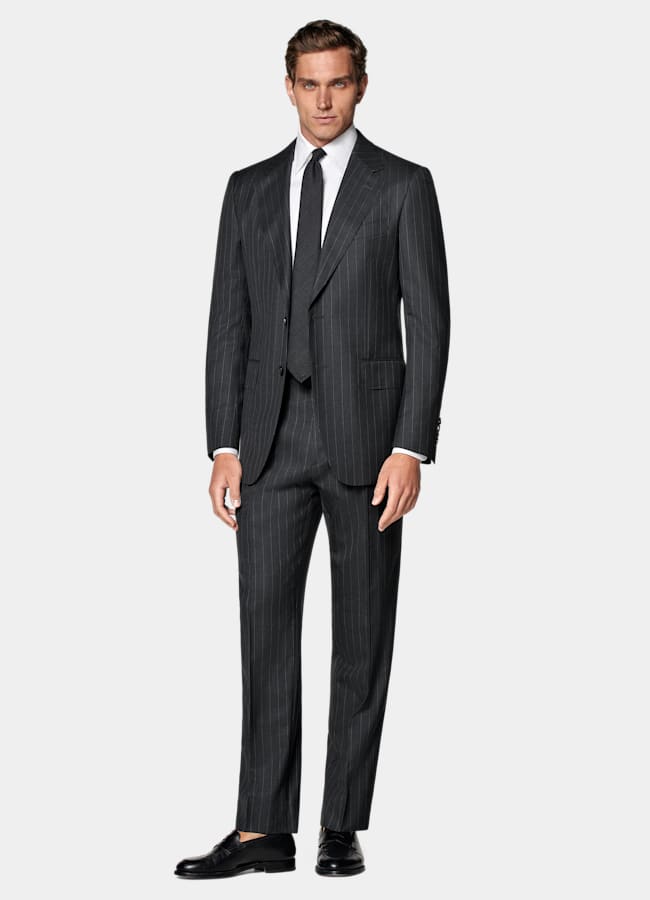 SUITSUPPLY All Season Pure S130's Wool by Delfino, Italy Dark Grey Striped Tailored Fit Milano Suit