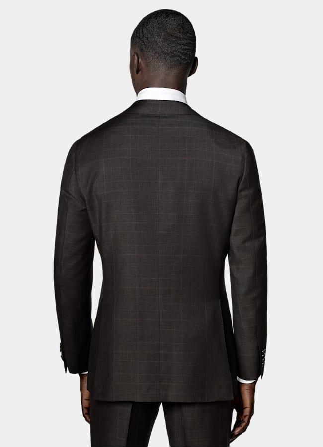 SUITSUPPLY All Season Wool Mohair by Delfino, Italy Dark Brown Checked Tailored Fit Havana Suit