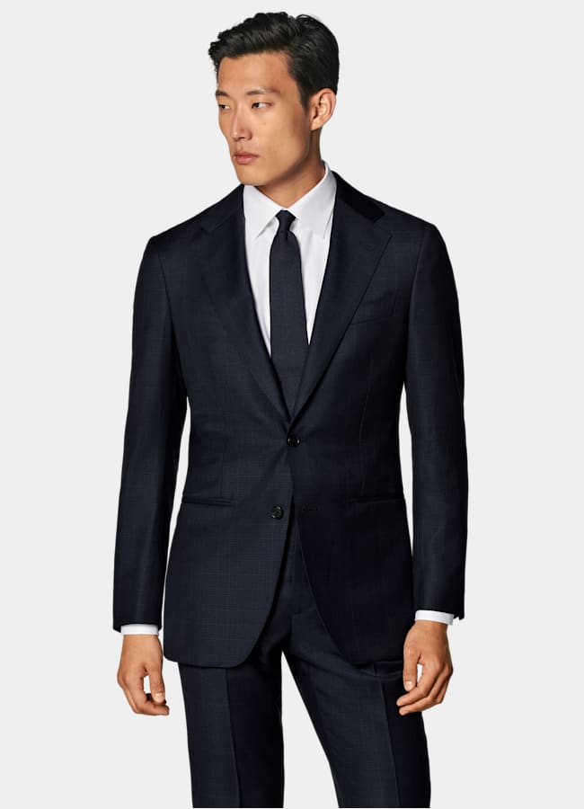 SUITSUPPLY All Season Wrinkle-Free 4-Ply Wool by Lanificio Ermenegildo Zegna, Italy Navy Checked Tailored Fit Havana Suit