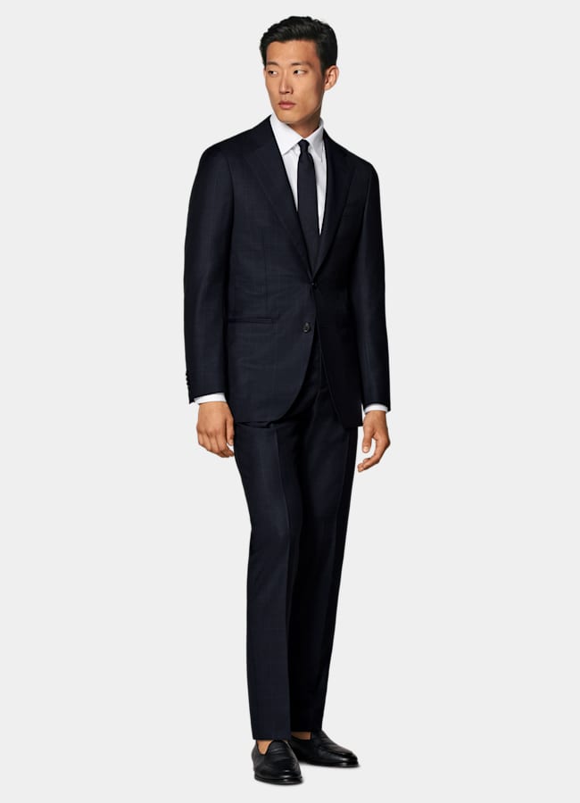 SUITSUPPLY All Season Wrinkle-Free 4-Ply Wool by Lanificio Ermenegildo Zegna, Italy Navy Checked Tailored Fit Havana Suit