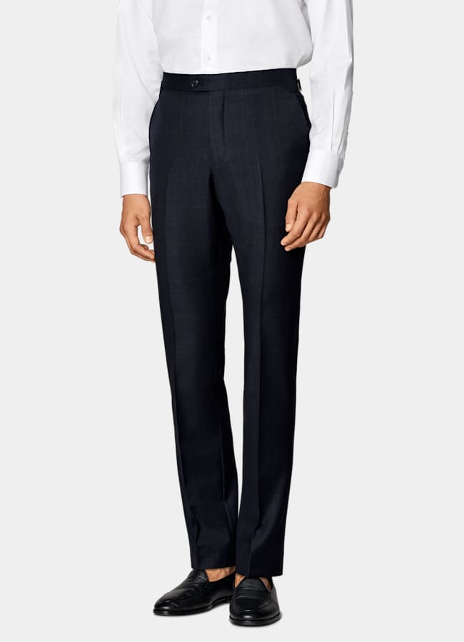 SUITSUPPLY All Season Wrinkle-Free 4-Ply Wool by Lanificio Ermenegildo Zegna, Italy Navy Checked Tailored Fit Havana Suit