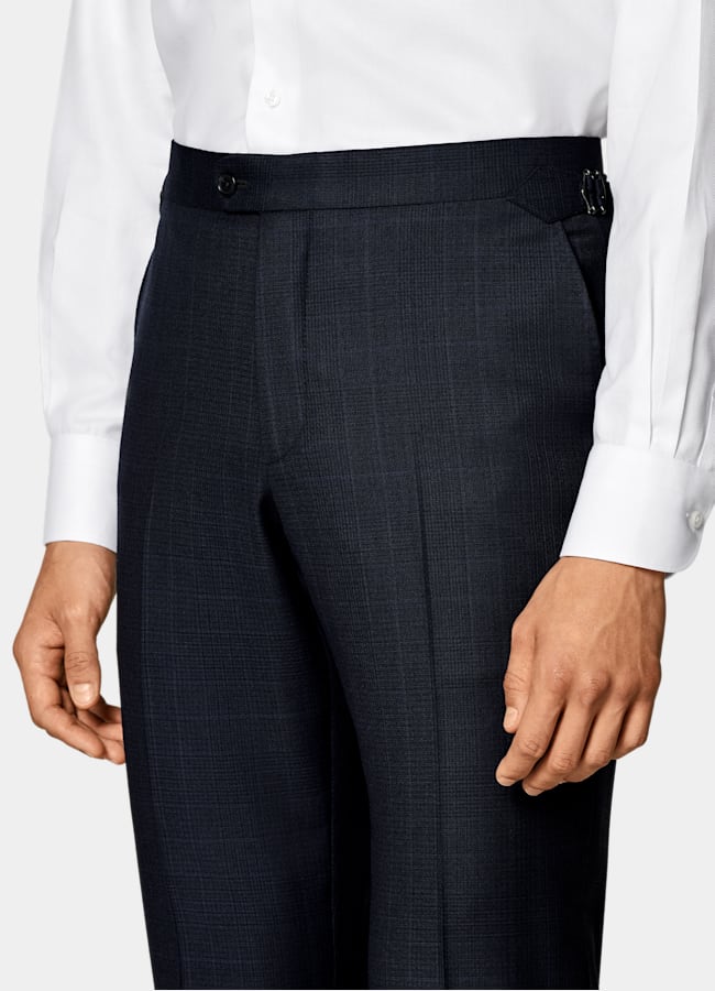 SUITSUPPLY All Season Wrinkle-Free 4-Ply Wool by Lanificio Ermenegildo Zegna, Italy Navy Checked Tailored Fit Havana Suit
