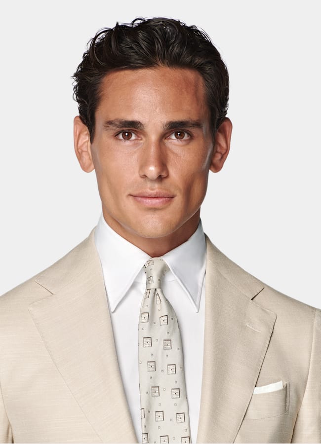 SUITSUPPLY Summer Wool Silk Linen by Rogna, Italy Sand Herringbone Tailored Fit Havana Suit