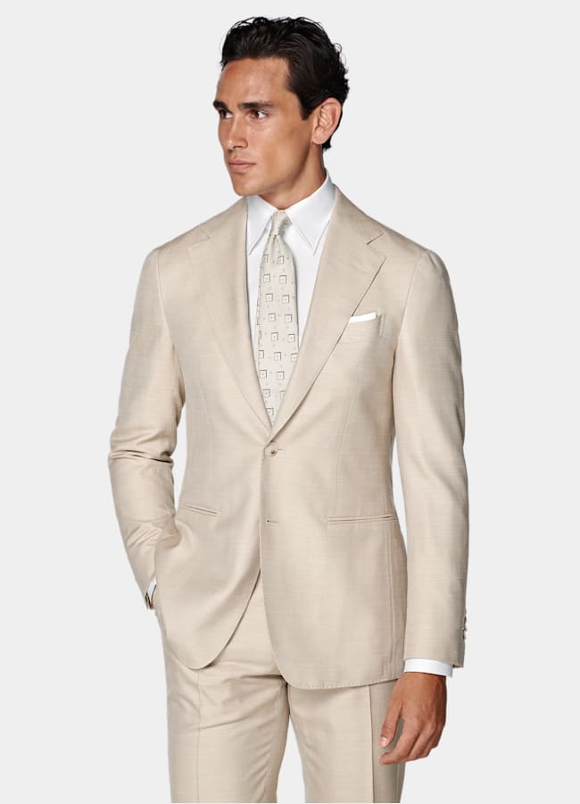SUITSUPPLY Summer Wool Silk Linen by Rogna, Italy Sand Herringbone Tailored Fit Havana Suit