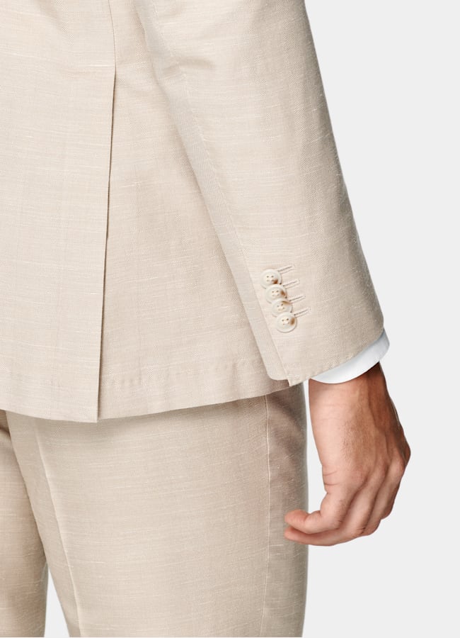 SUITSUPPLY Summer Wool Silk Linen by Rogna, Italy Sand Herringbone Tailored Fit Havana Suit