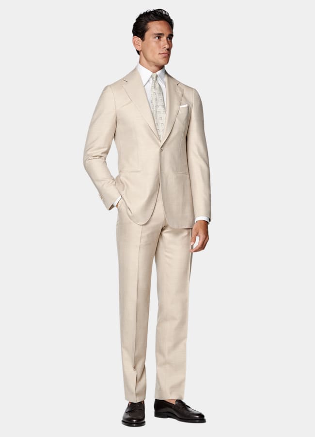 SUITSUPPLY Summer Wool Silk Linen by Rogna, Italy Sand Herringbone Tailored Fit Havana Suit