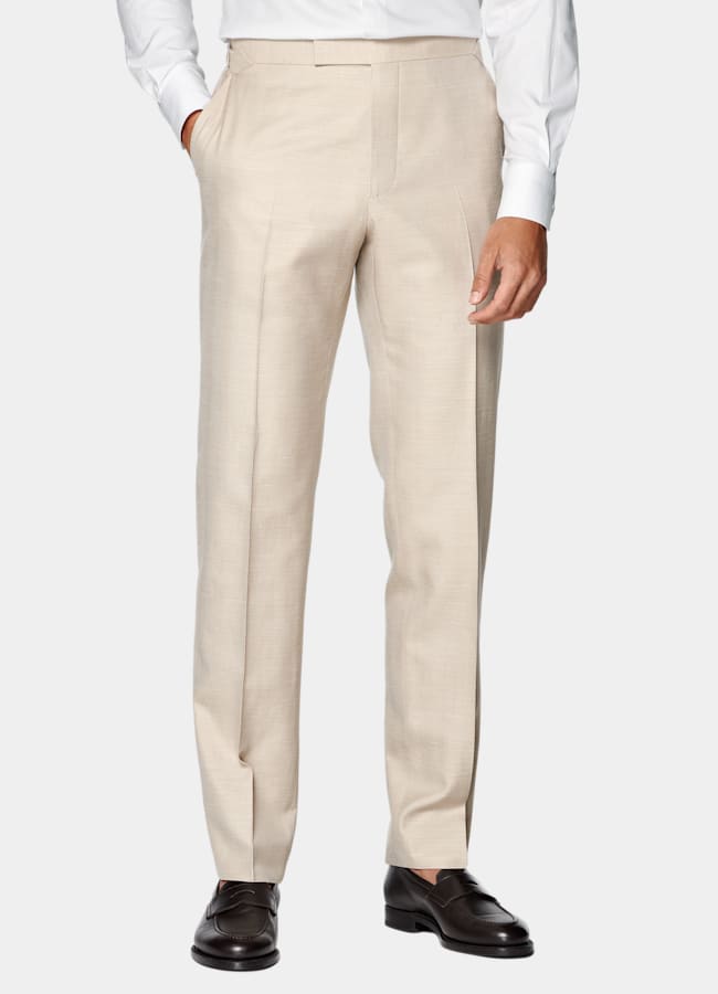 SUITSUPPLY Summer Wool Silk Linen by Rogna, Italy Sand Herringbone Tailored Fit Havana Suit