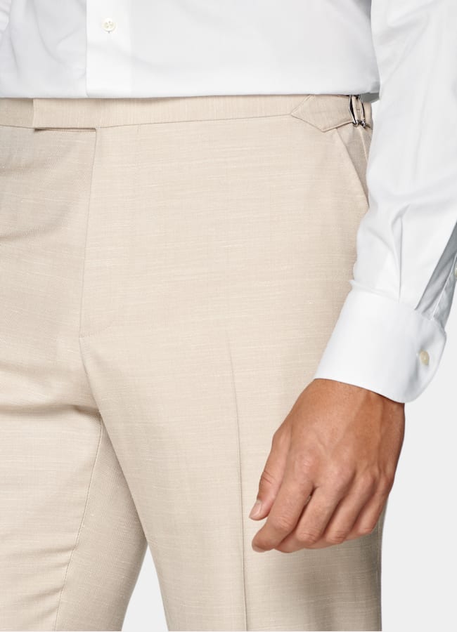 SUITSUPPLY Summer Wool Silk Linen by Rogna, Italy Sand Herringbone Tailored Fit Havana Suit