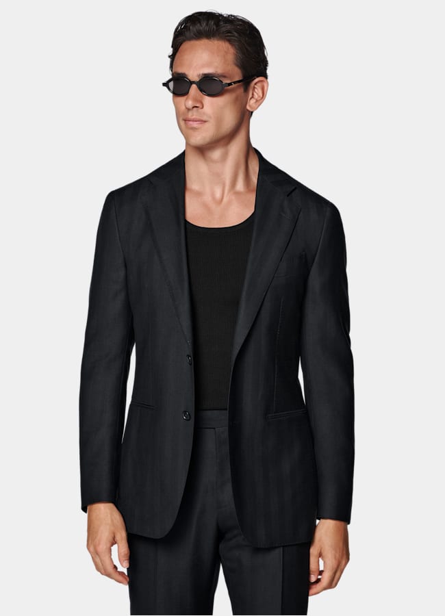 SUITSUPPLY Summer Wool Silk Linen by Rogna, Italy Navy Herringbone Tailored Fit Havana Suit