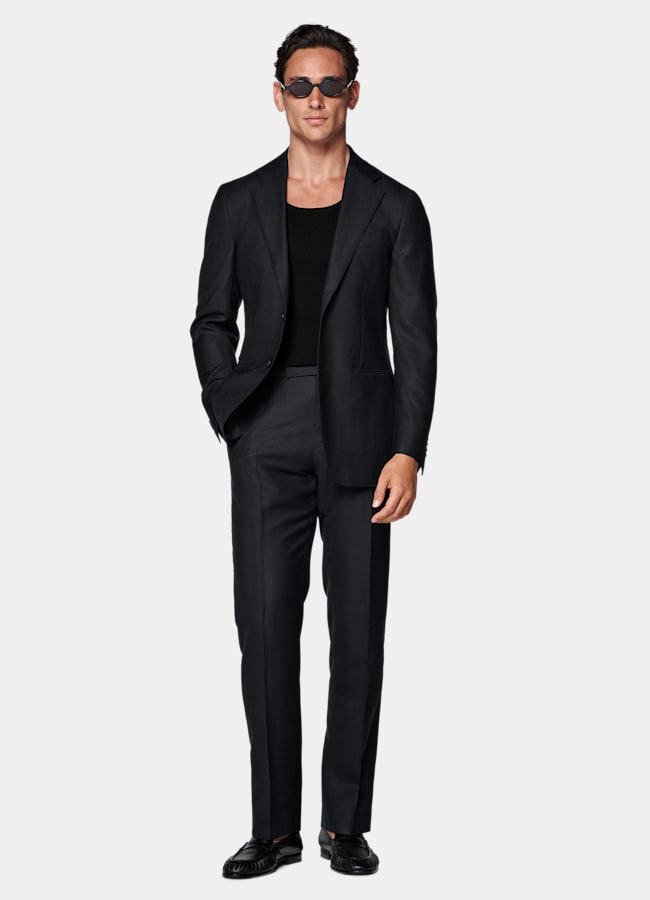 SUITSUPPLY Summer Wool Silk Linen by Rogna, Italy Navy Herringbone Tailored Fit Havana Suit