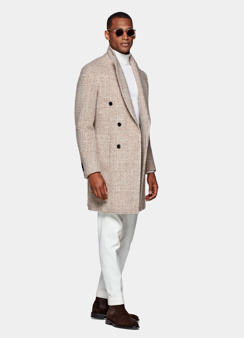 Light Brown Checked Overcoat | Alpaca 