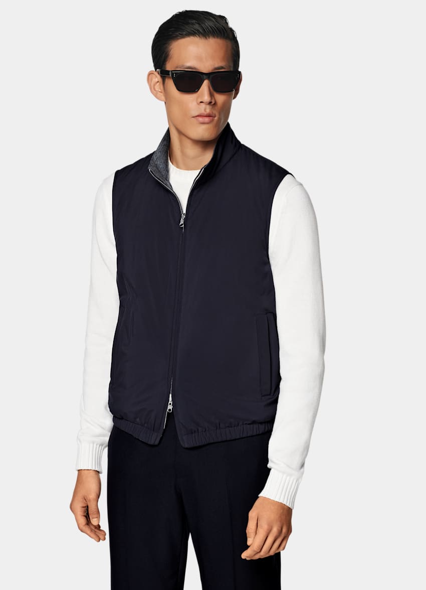 SUITSUPPLY Water-Repellent Technical Fabric by Olmetex, Italy Navy Reversible Light Padded Zip Vest