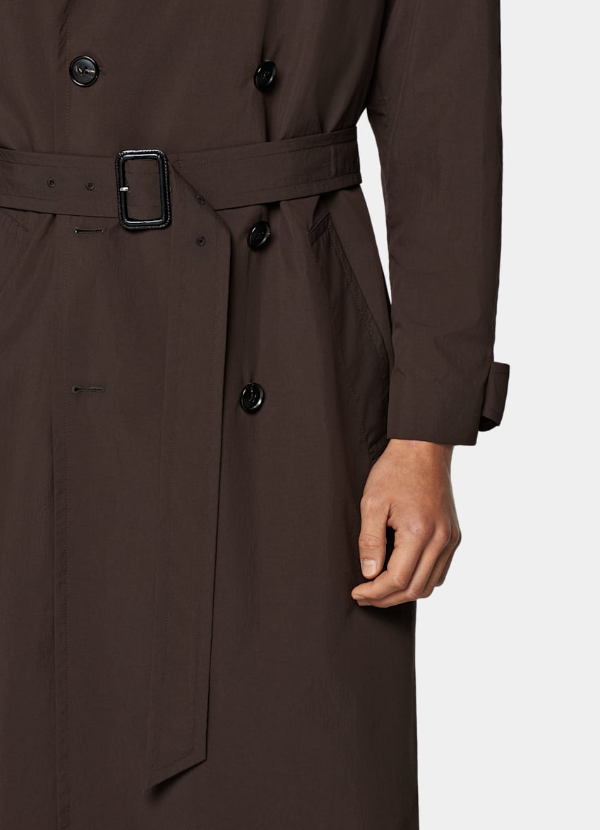 SUITSUPPLY Water-Repellent Technical Fabric by Olmetex, Italy Dark Brown Belted Trench Coat