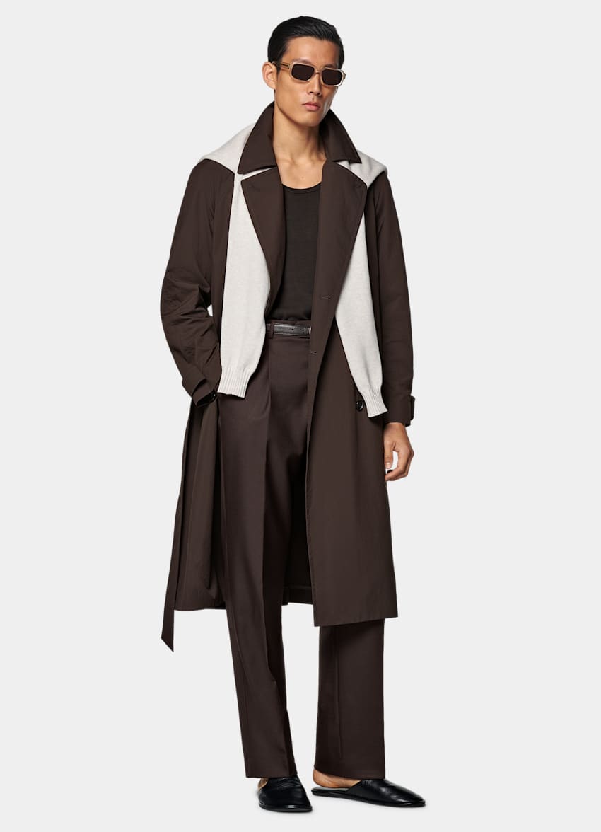 SUITSUPPLY Water-Repellent Technical Fabric by Olmetex, Italy Dark Brown Belted Trench Coat