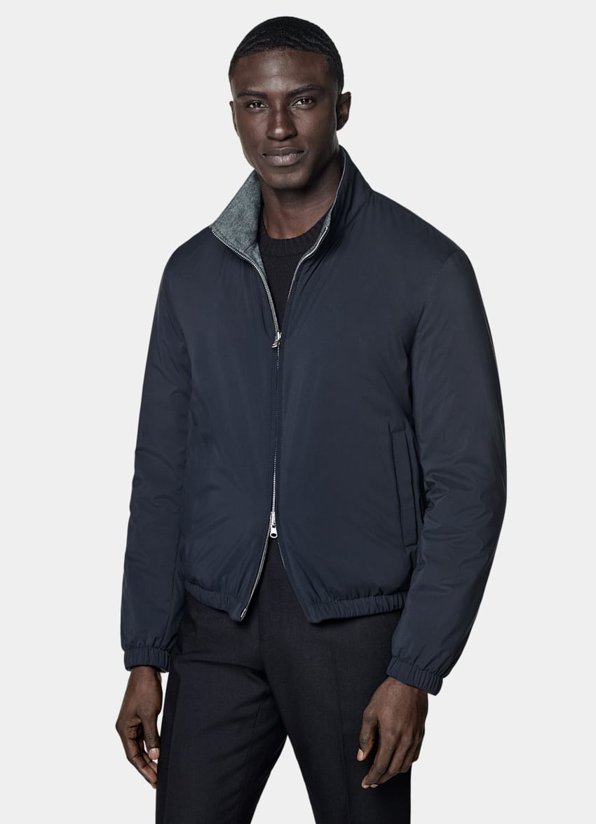 SUITSUPPLY Water-Repellent Technical Fabric by Olmetex, Italy Navy Reversible Bomber Jacket