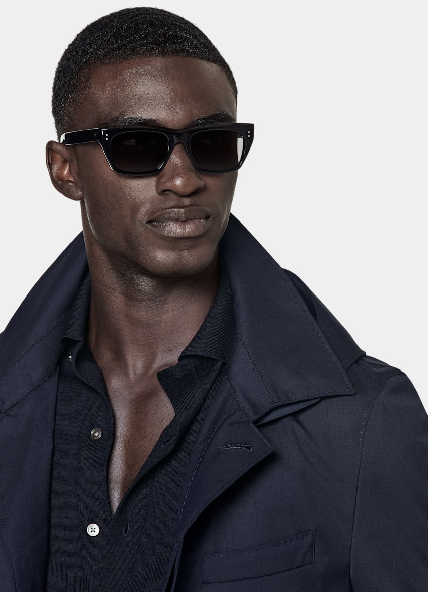 SUITSUPPLY Water-Repellent Wool Polyurethane by Vitale Barberis Canonico, Italy Navy Raincoat