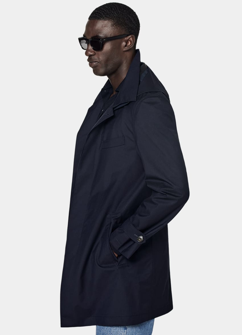 SUITSUPPLY Water-Repellent Wool Polyurethane by Vitale Barberis Canonico, Italy Navy Raincoat