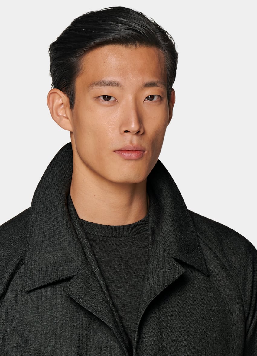 SUITSUPPLY Water-Repellent 4-Ply Wool by Rogna, Italy Dark Grey Belted Trench Coat