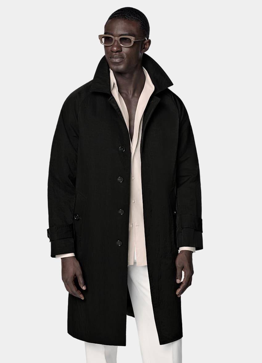 Black Belted Trench Coat in Water-Repellent Technical Fabric