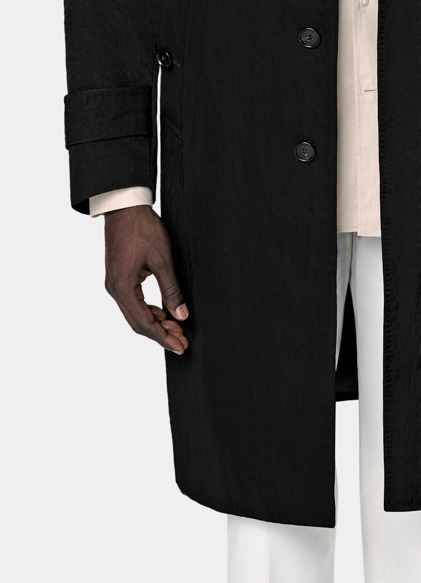 Black Belted Trench Coat in Water-Repellent Technical Fabric