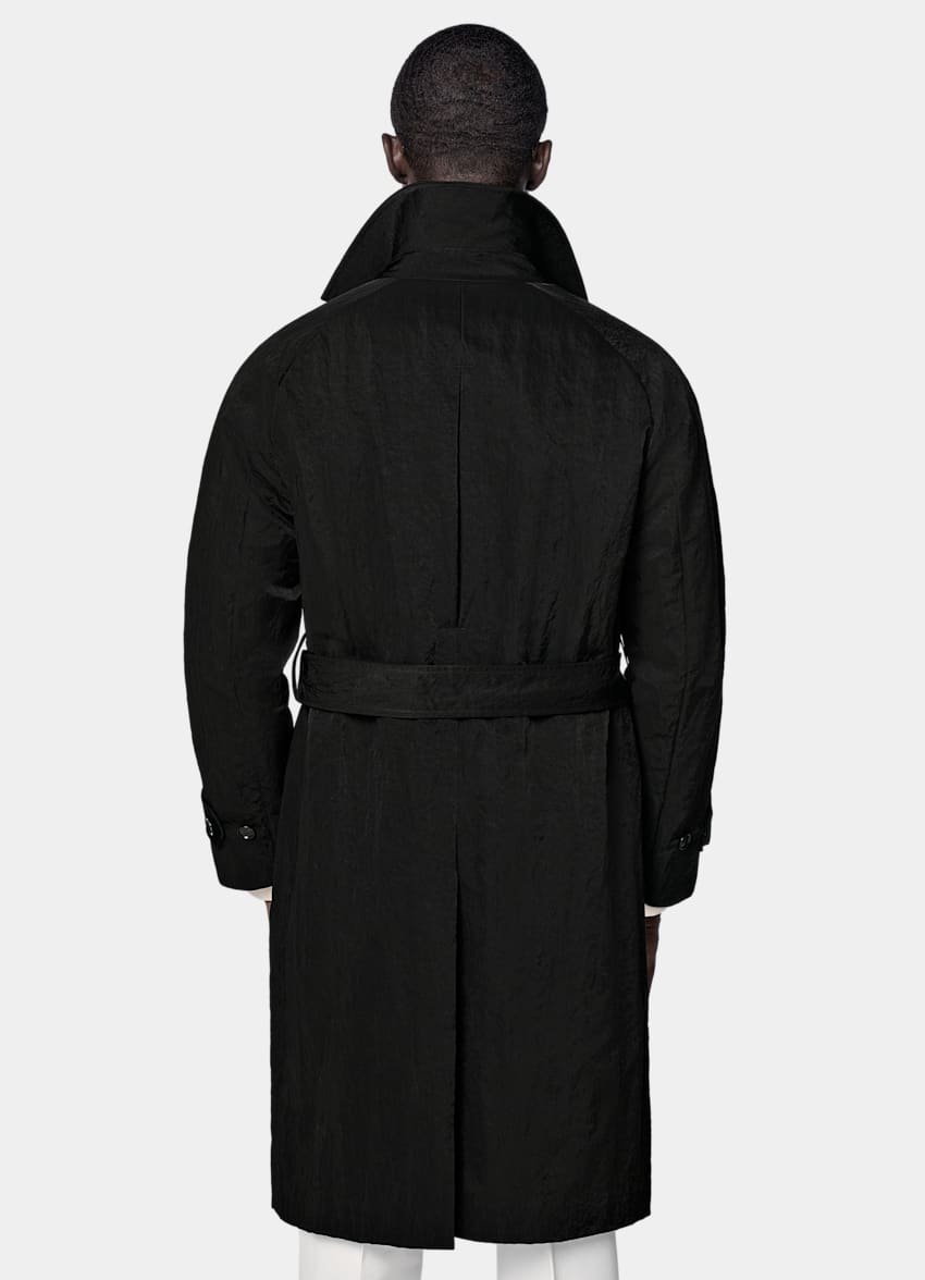 Black Belted Trench Coat in Water-Repellent Technical Fabric