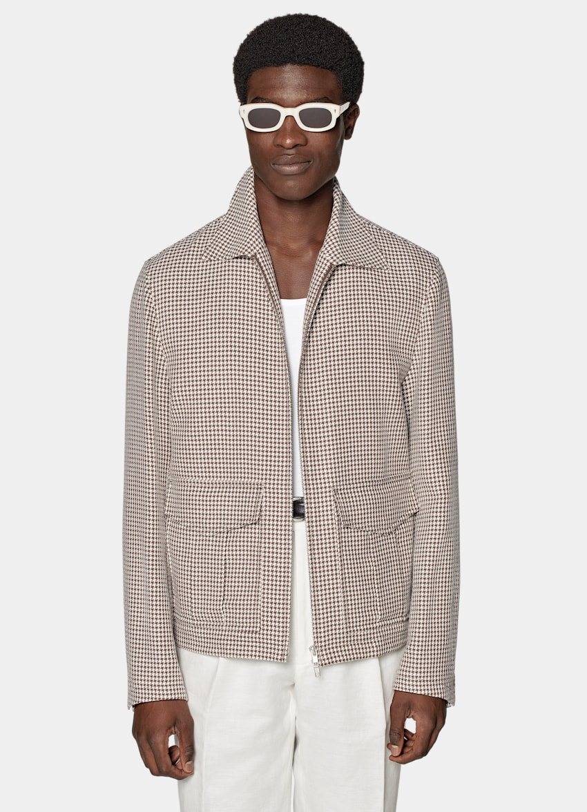 SUITSUPPLY Wool Linen Silk by Rogna, Italy Mid Brown Houndstooth Bomber Jacket