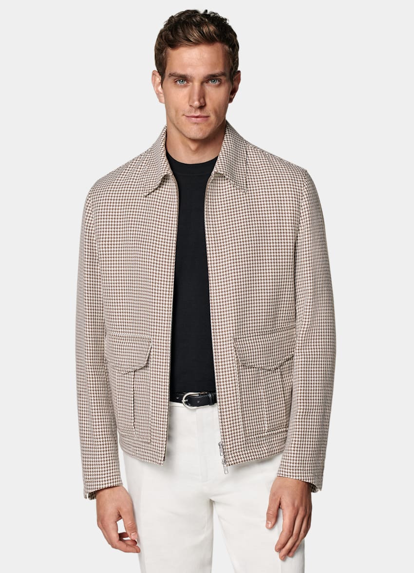 SUITSUPPLY Wool Linen Silk by Rogna, Italy Mid Brown Houndstooth Bomber Jacket