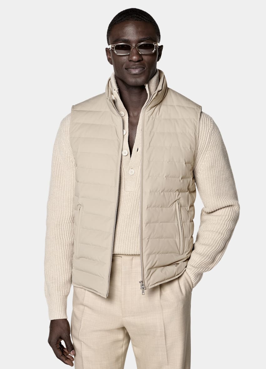 SUITSUPPLY Technical Fabric Taupe Down Zip Vest