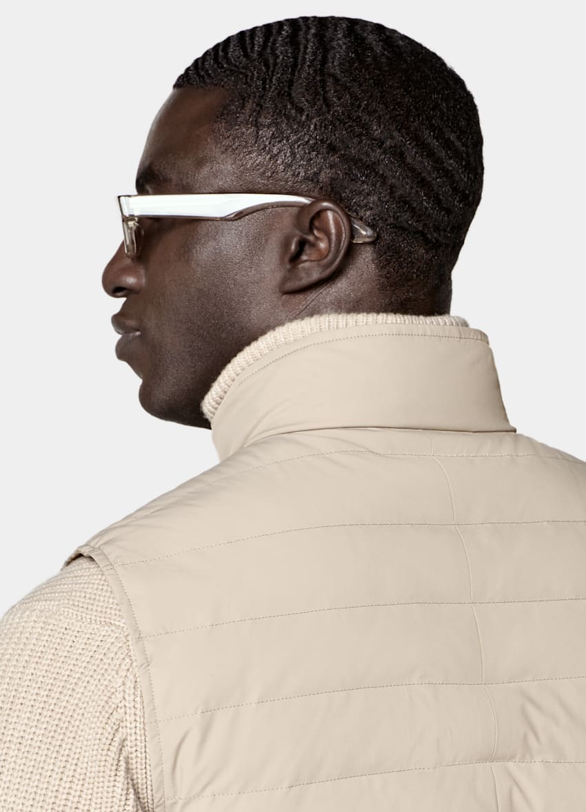 SUITSUPPLY Technical Fabric Taupe Down Zip Vest