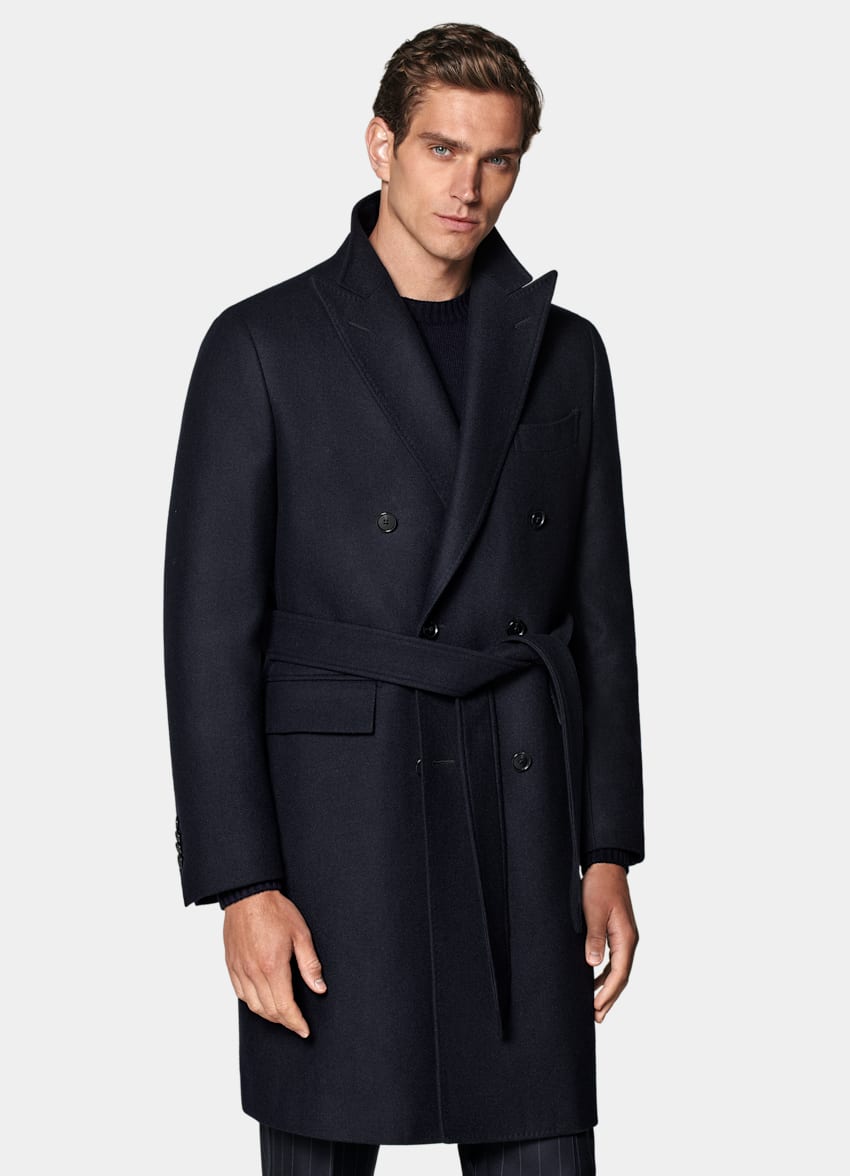 SUITSUPPLY Wool Cashmere by E.Thomas, Italy Navy Belted Overcoat