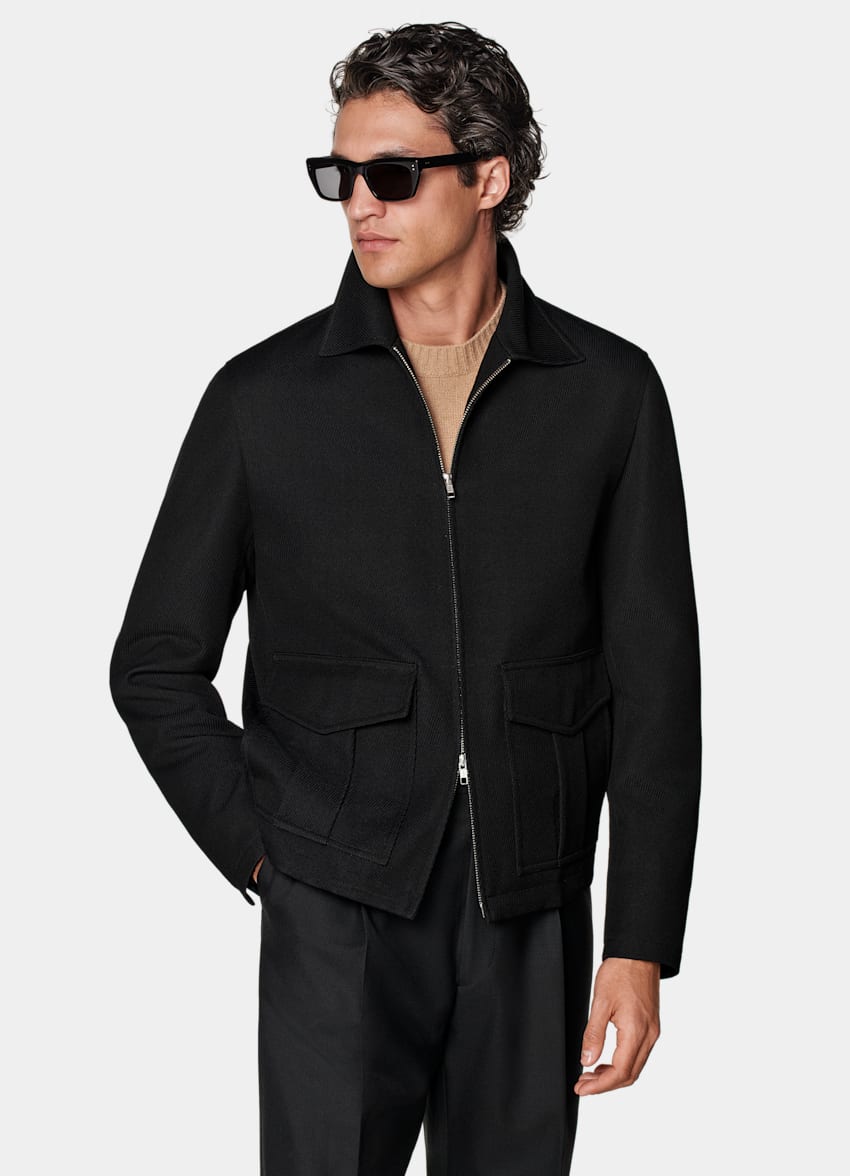 SUITSUPPLY Wool Blend by Ricciarini, Italy Black Bomber Jacket