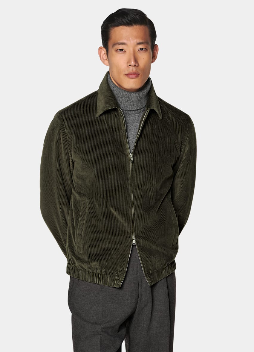 SUITSUPPLY Velours pur coton - Pontoglio, Italie Bomber en velours c&ocirc;tel&eacute; vert fonc&eacute;
