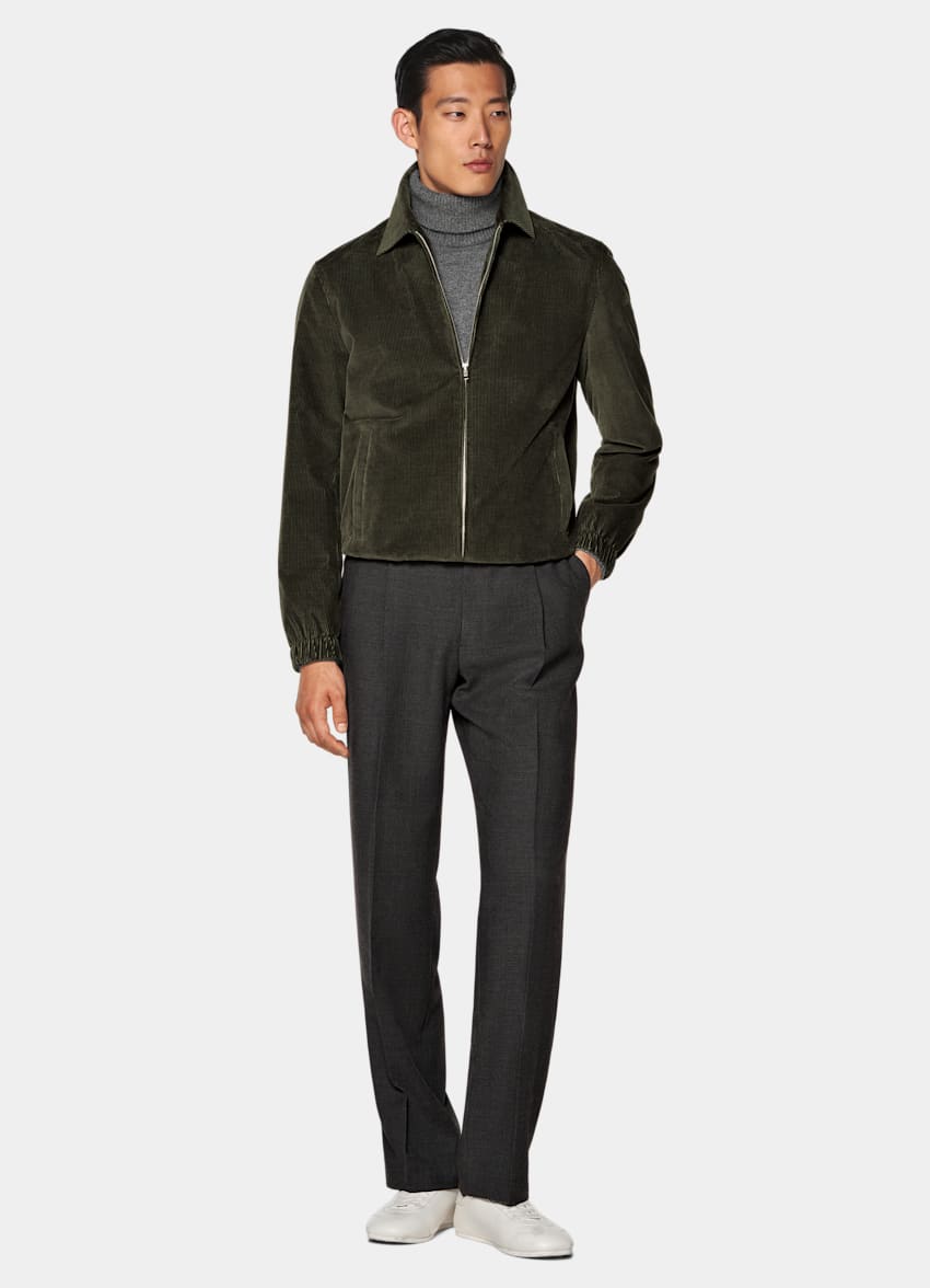 SUITSUPPLY Velours pur coton - Pontoglio, Italie Bomber en velours c&ocirc;tel&eacute; vert fonc&eacute;