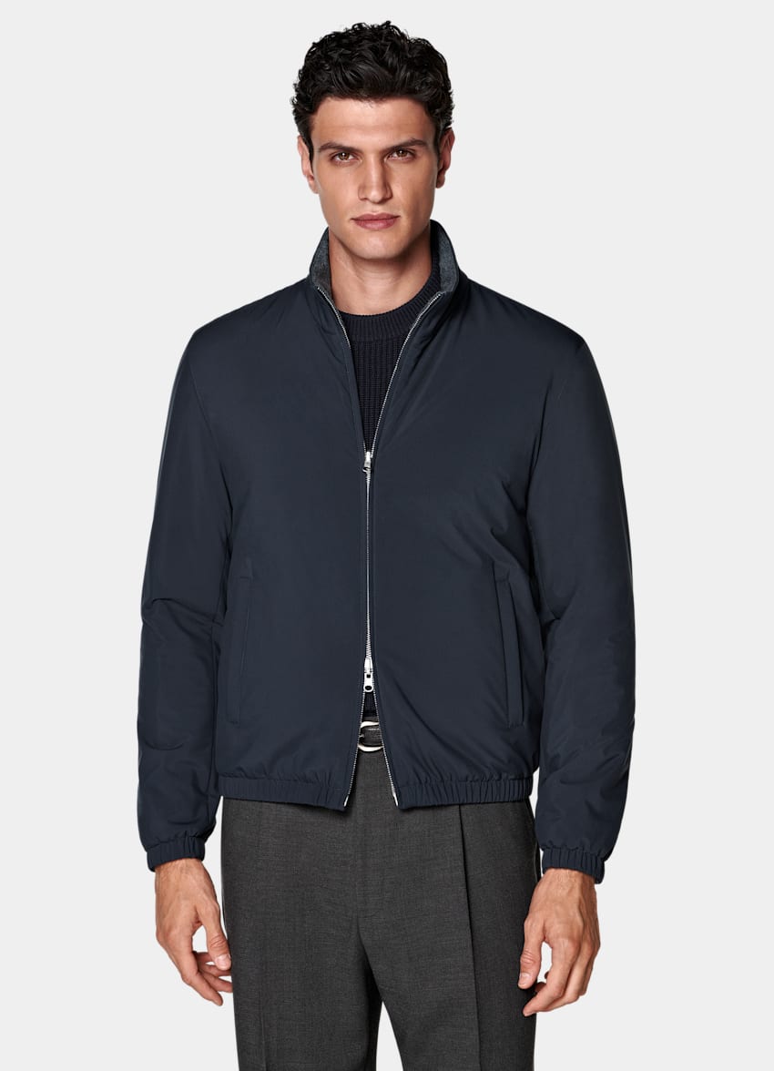 Navy Reversible Bomber Jacket in Water-Repellent Technical Fabric