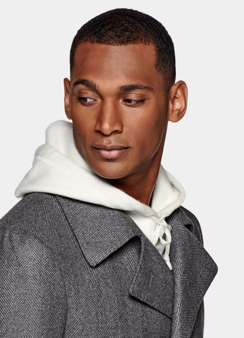 SUITSUPPLY 意大利 E.Thomas 生产的羊毛、羊绒面料 浅灰色人字纹双排扣短大衣