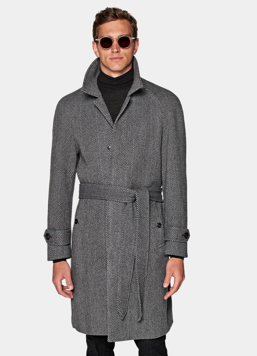 SUITSUPPLY Wool Cashmere by Opera Piemontese, Italy Dark Grey Herringbone Belted Overcoat