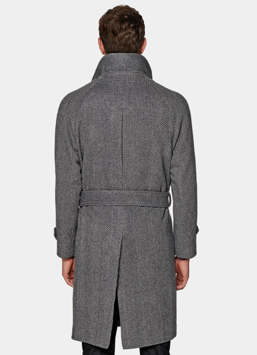 SUITSUPPLY Wool Cashmere by Opera Piemontese, Italy Dark Grey Herringbone Belted Overcoat