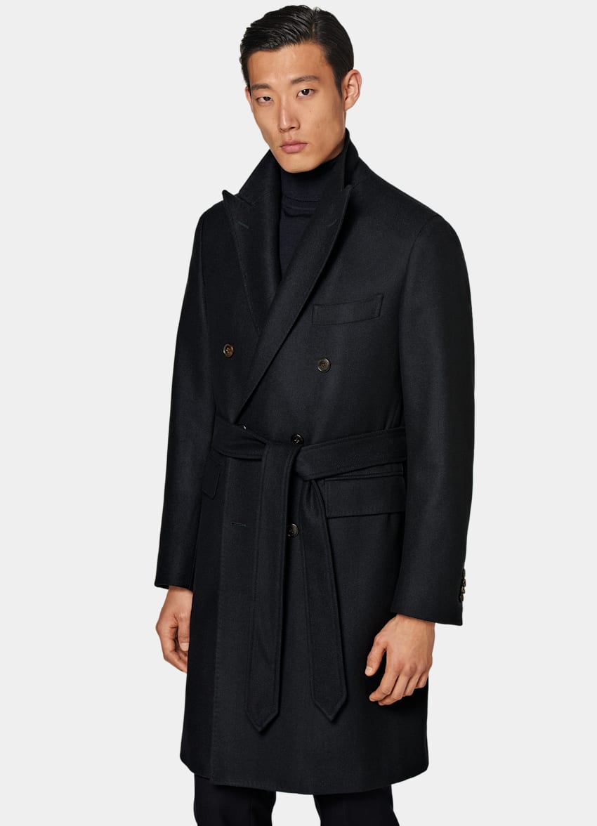 SUITSUPPLY Wool Cashmere by E.Thomas, Italy Navy Herringbone Belted Overcoat