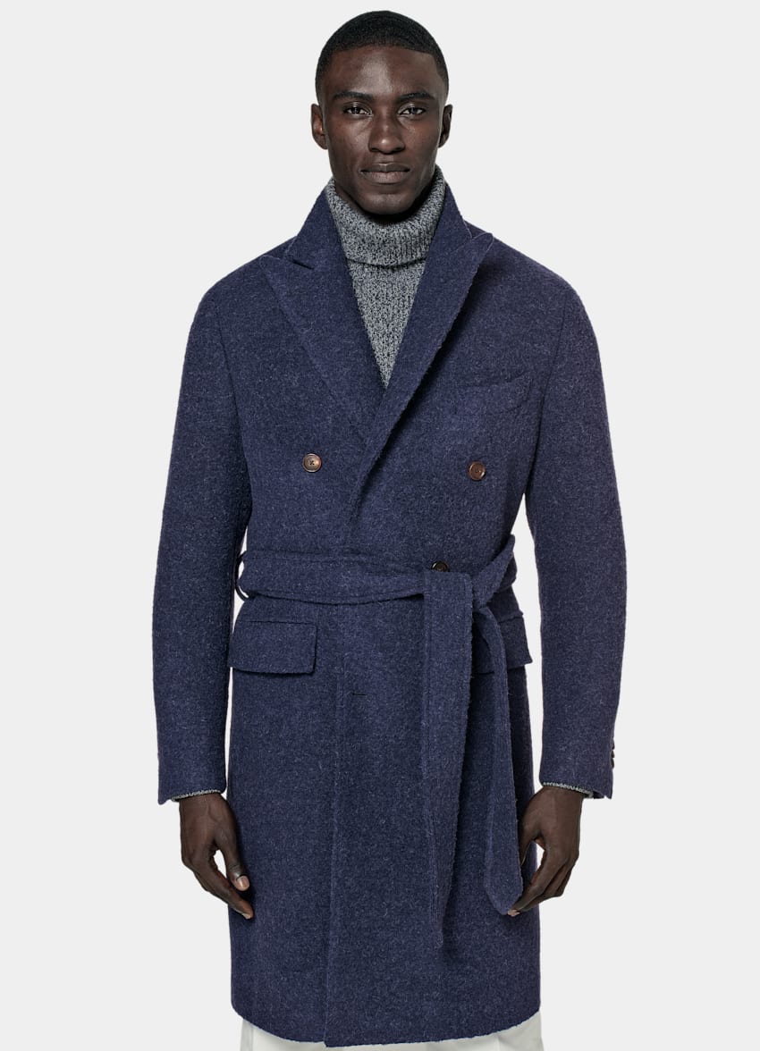 SUITSUPPLY Alpaca Polyamide by Ferla, Italy Mid Blue Belted Overcoat
