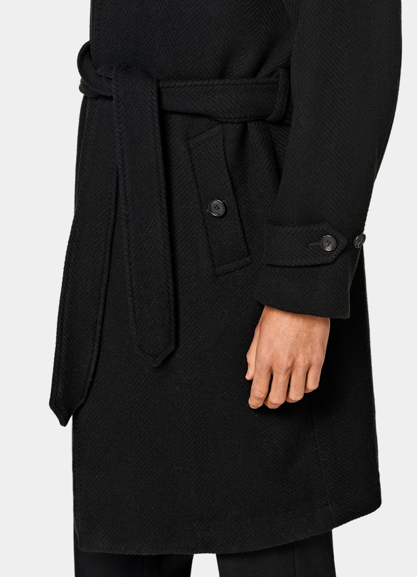 SUITSUPPLY Wool Cashmere Blend by Opera Piemontese, Italy Black Herringbone Belted Overcoat